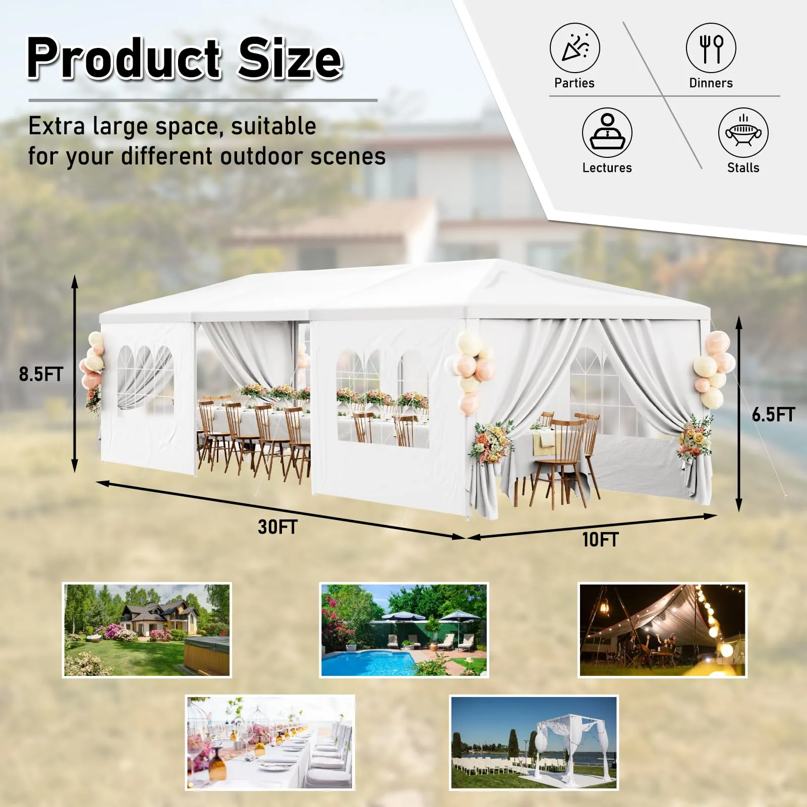 10x30 Outdoor Party Tent White Tents for Parties Heavy Duty Canopy Tent Patio Gazebo Shelter with 7 Removable Sidewalls Wedding BBQ Events Tent for Birthday Graduation Backyard Garden