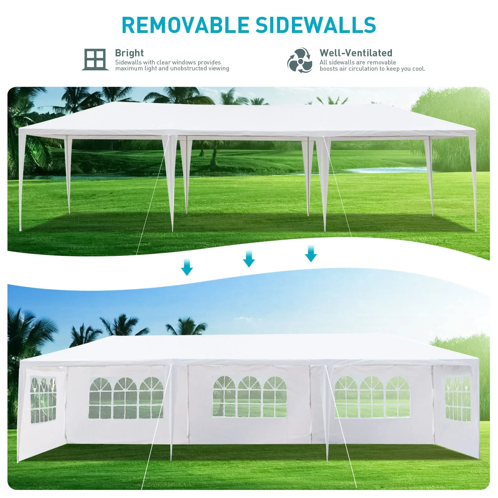 10x30 Party Tent, Outdoor Tents for Parties, White Wedding Tent Birthday Tent Event Tent, Large Canopy Tent with 5 Removable Sidewalls & Transparent Window, Big Gazebo Tent for Backyard, Garden