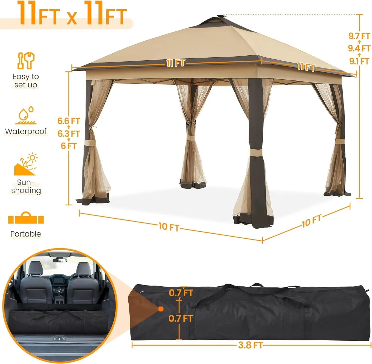 11'X11' Pop up Gazebo Instant Tent with 17 Solar LED Lights & Zippered Mesh Netting, Outdoor Shelter Sun Shade Gazebo with Sandbags for Backyard Garden Patio, Khaki & Brown