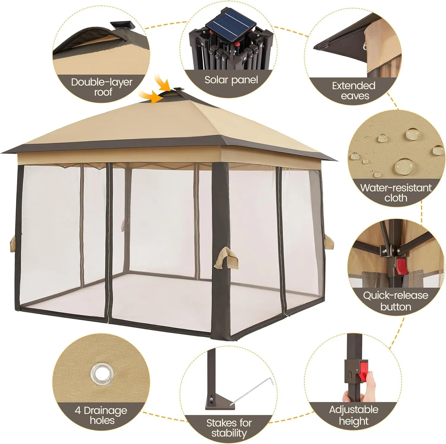 11'X11' Pop up Gazebo Instant Tent with 17 Solar LED Lights & Zippered Mesh Netting, Outdoor Shelter Sun Shade Gazebo with Sandbags for Backyard Garden Patio, Khaki & Brown