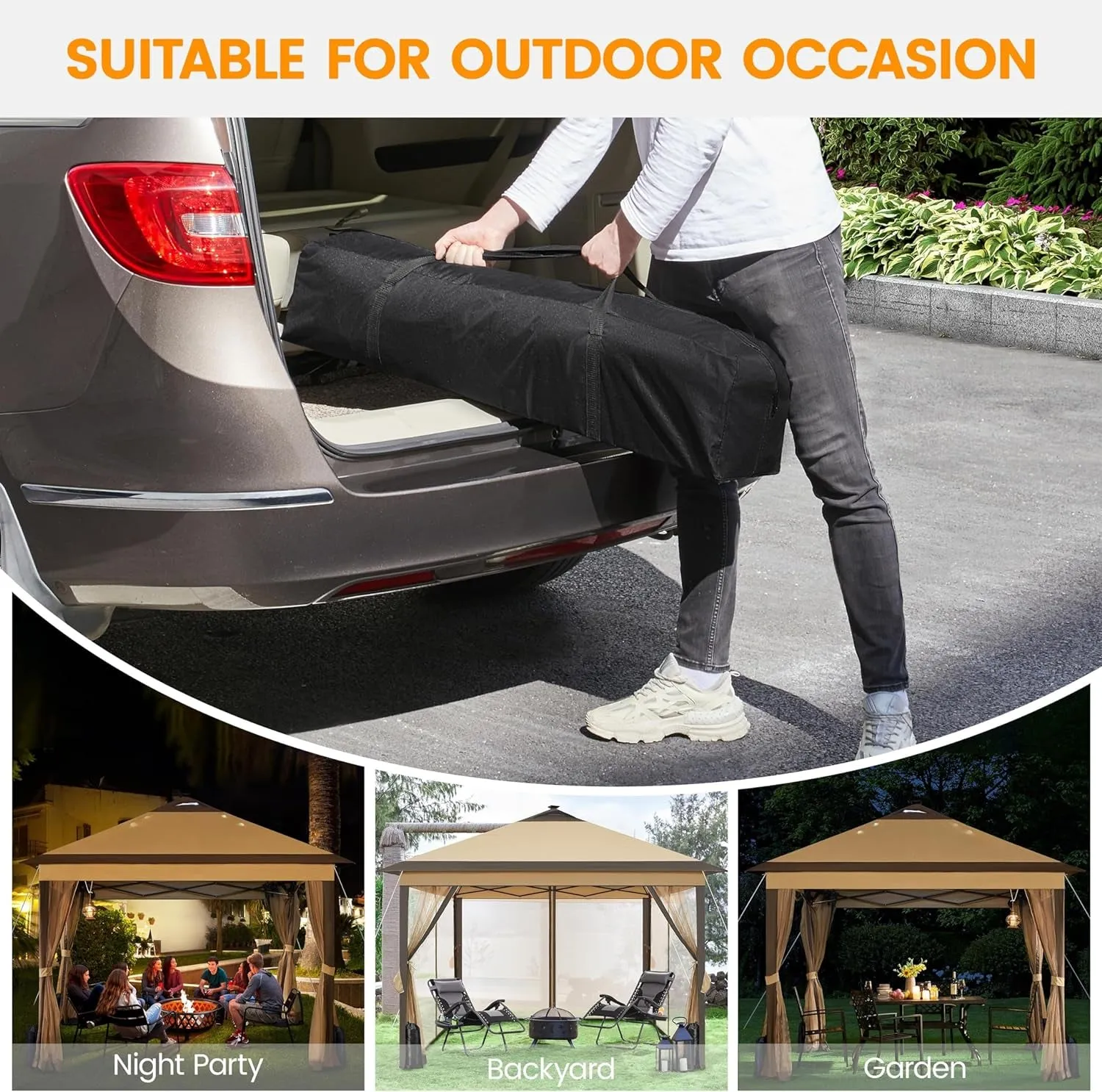 11'X11' Pop up Gazebo Instant Tent with 17 Solar LED Lights & Zippered Mesh Netting, Outdoor Shelter Sun Shade Gazebo with Sandbags for Backyard Garden Patio, Khaki & Brown