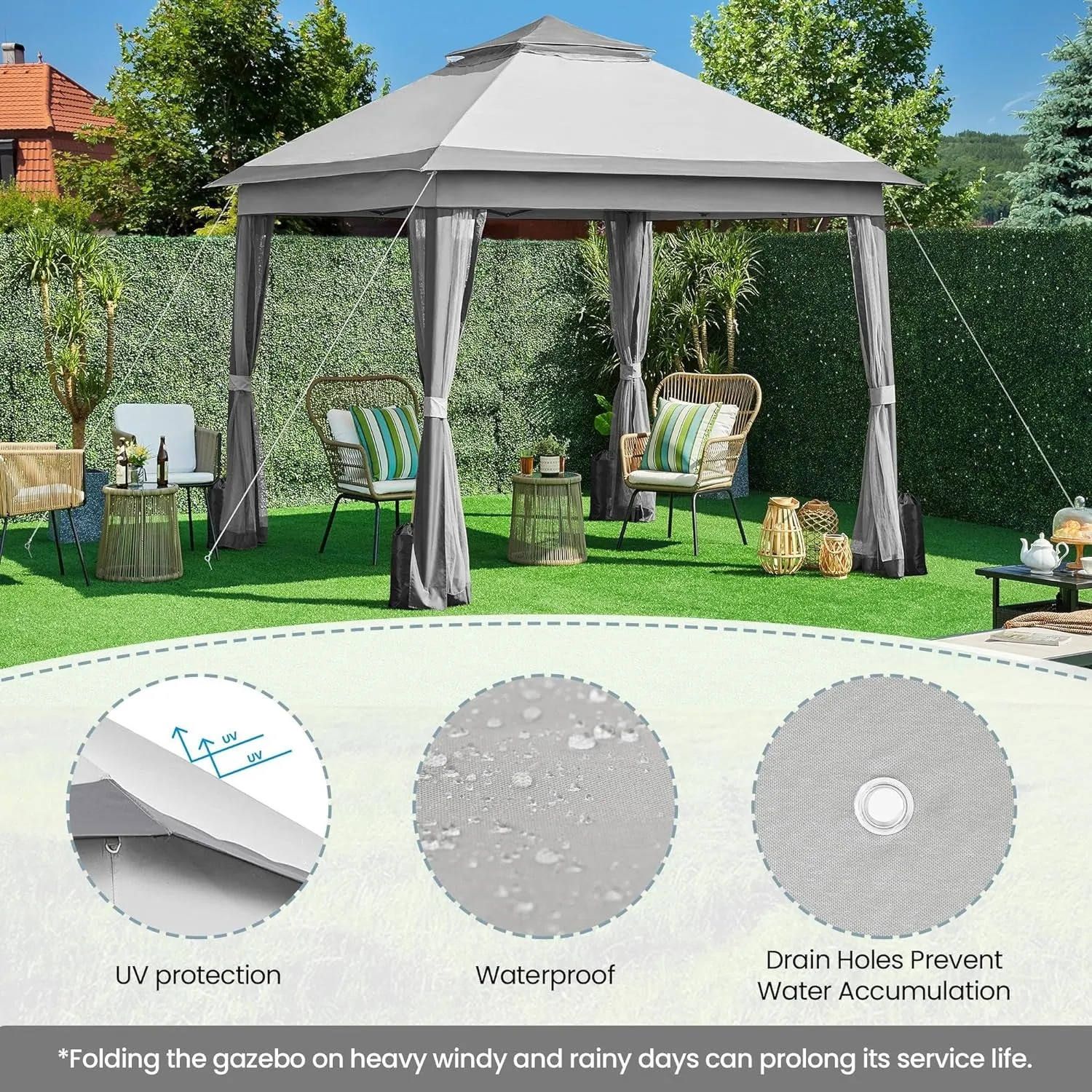 11X11 Pop up Gazebo Outdoor Canopy Shelter, Instant Patio Gazebo Sun Shade Canopy Tent with 4 Sandbags, 2 Tiers Roof & Mesh Netting for Lawn, Garden, Backyard & Deck, Gray