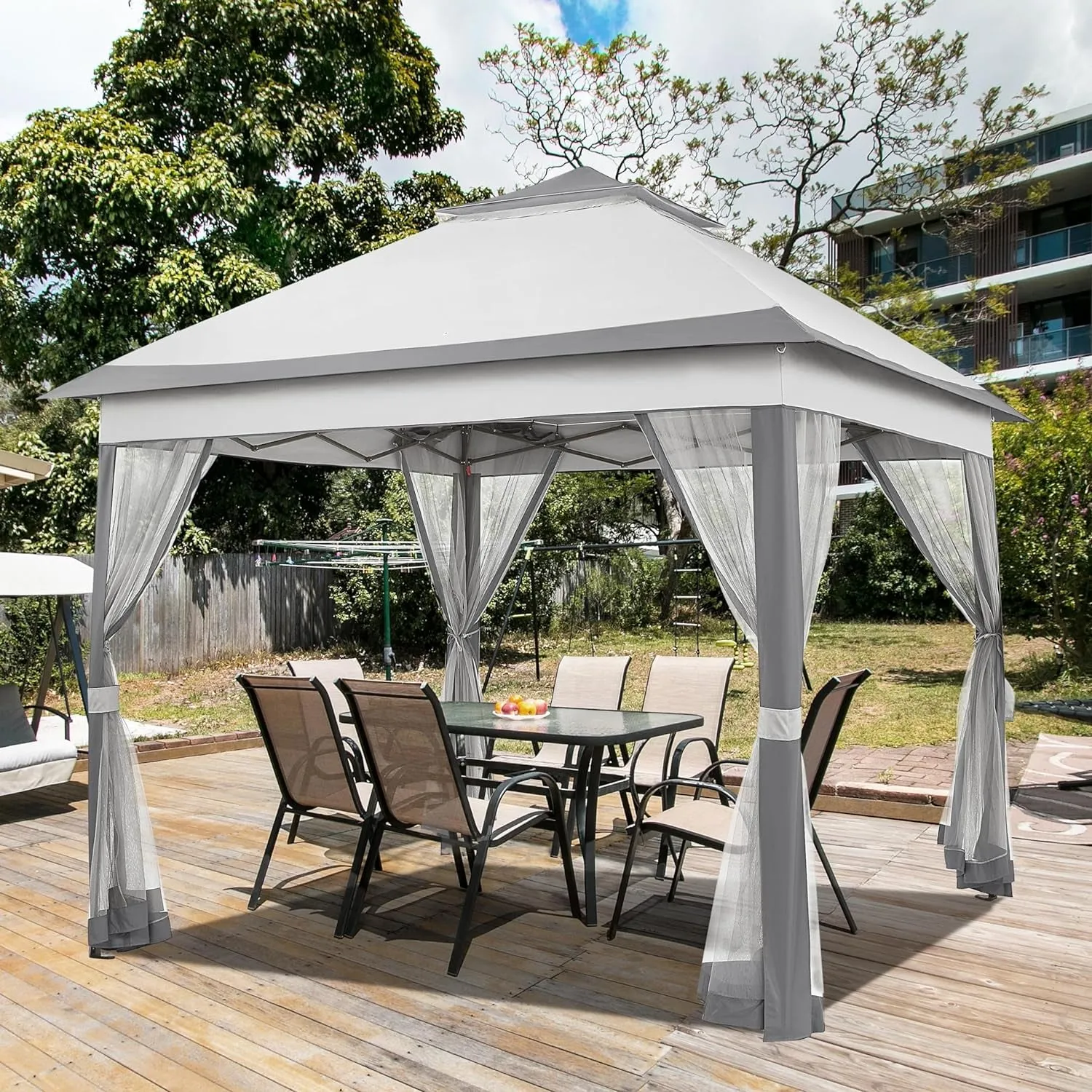 11X11 Pop up Gazebo Outdoor Canopy Shelter, Instant Patio Gazebo Sun Shade Canopy Tent with 4 Sandbags, 2 Tiers Roof & Mesh Netting for Lawn, Garden, Backyard & Deck, Gray