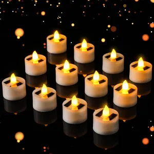 12 Pieces Solar Tea Light Candles Flameless Outdoor Waterproof Solar Tea Lights Rechargeable Candles with Dusk to Dawn Flickering Light Sensor (Yellow)