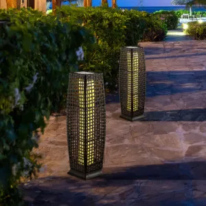 2 Pieces Solar-Powered Square Wicker Floor Lamps with Auto LED Light-Black