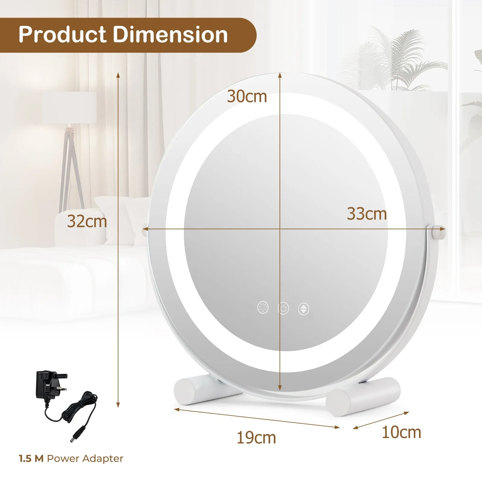 30 CM LED Light Up Round Mirror with 3 Colours and Adjustable Brightness-White