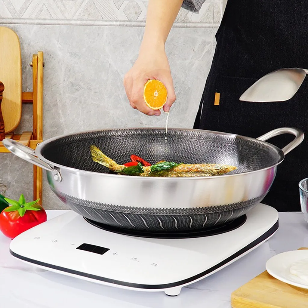 316 Stainless Steel 40cm Non-Stick Stir Fry Cooking Kitchen Wok Pan Honeycomb Double Sided