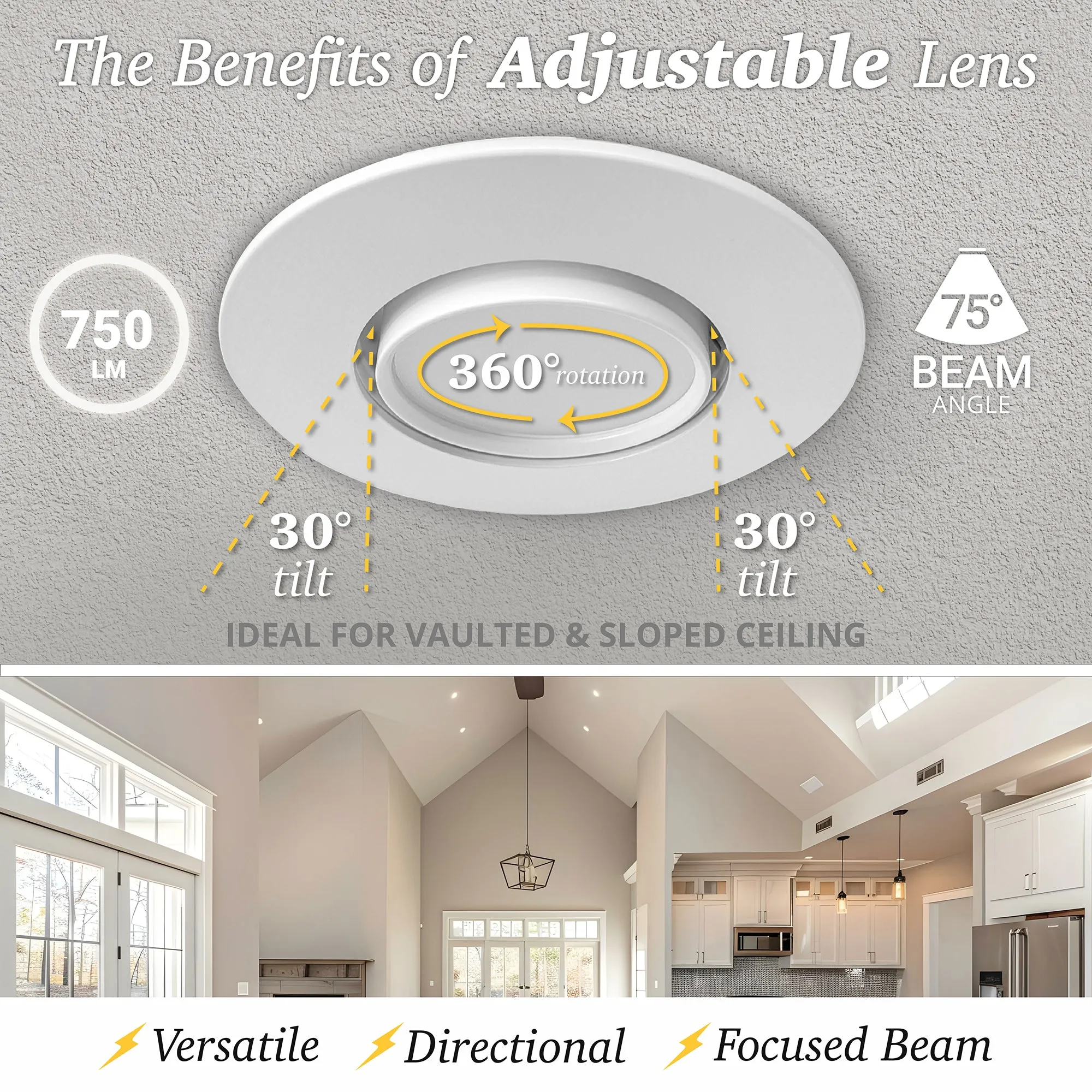 4" Inch Adjustable Can Lights Sloped Ceiling Recessed Lighting - Damp Rated - 5CCT 2700K-5000K - 750LM