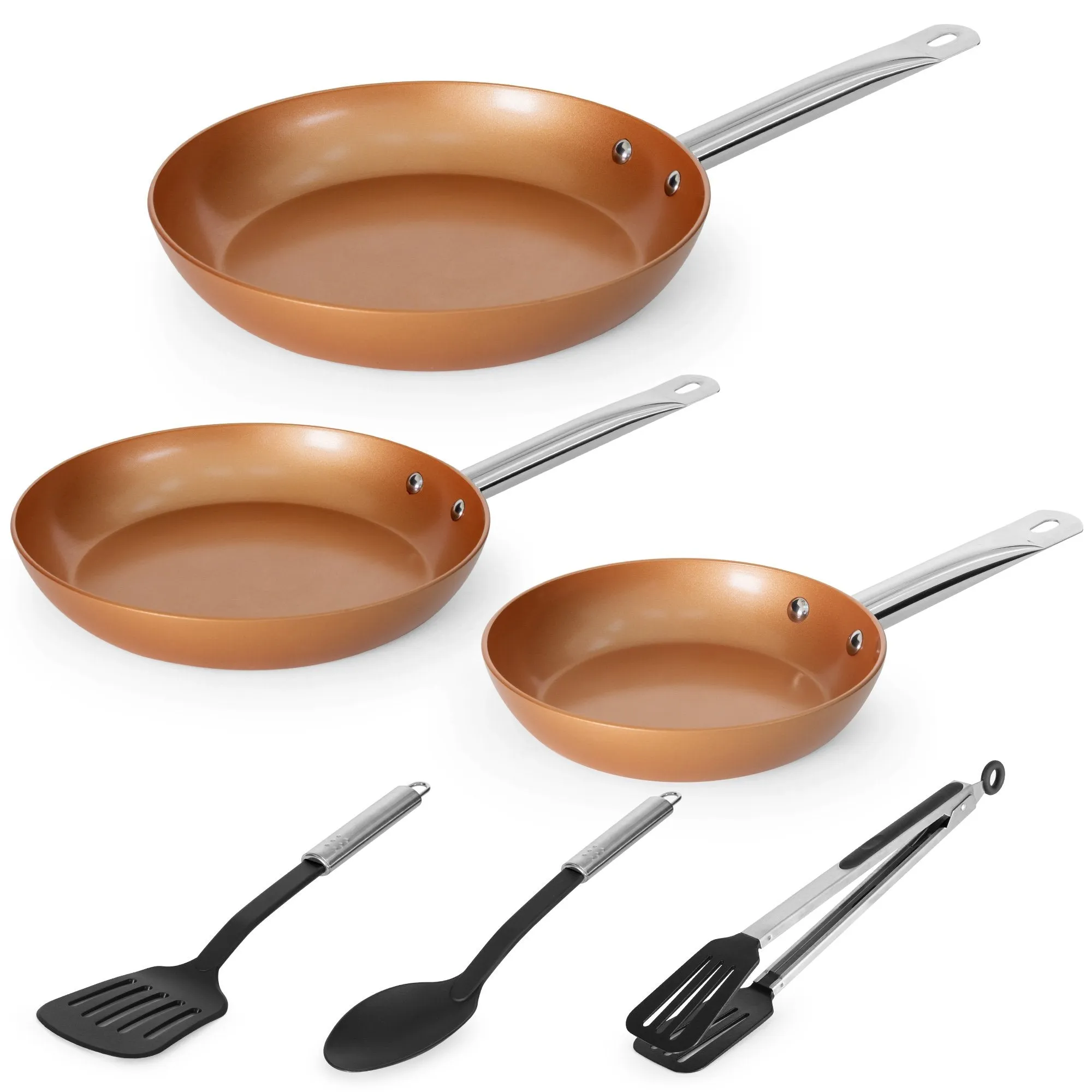 6-Piece Non-Stick Ceramic-Coated Frying Pan Cookware Set w/ 3 Utensils