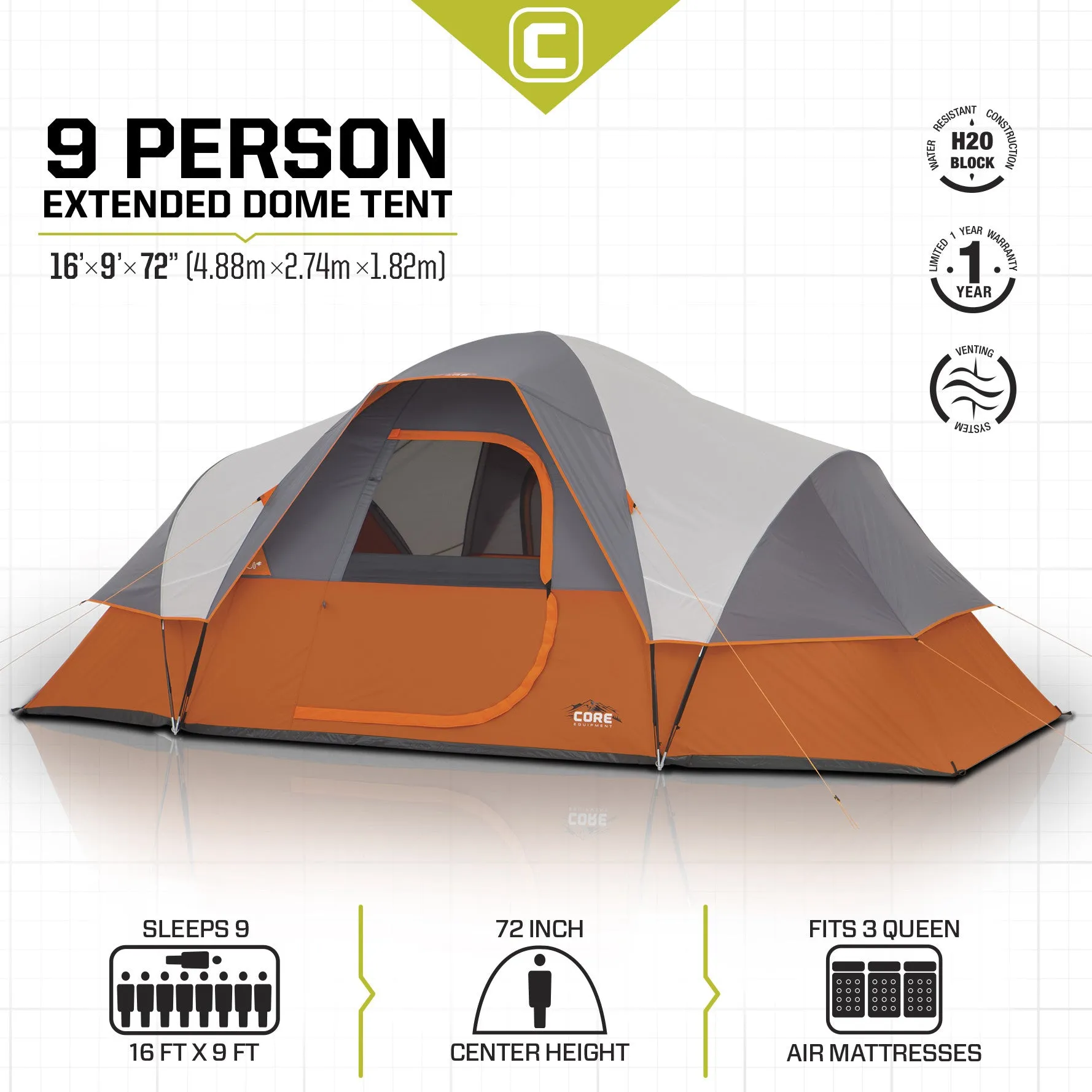 9 Person Extended Dome Tent 16' x 9'