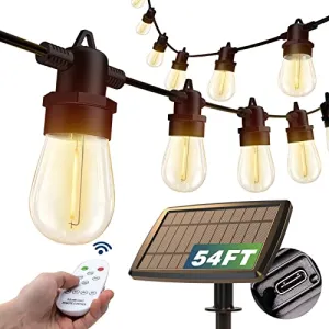 addlon 54(48 6) FT Solar String Lights Outdoor Waterproof with USB Port & Remote Control Solar Patio Lights Long Last for 20 Hrs Dimmable Solar Power LED Bulbs for Porch Garden Market Bistro