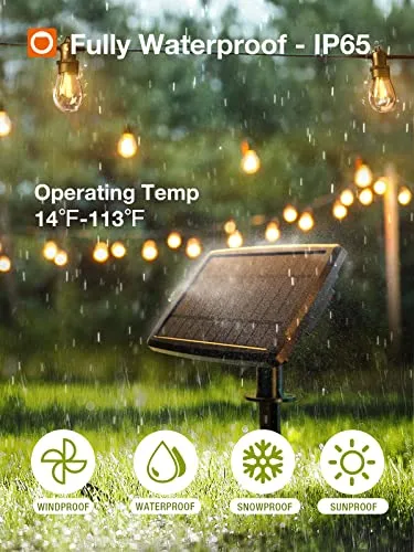 addlon 54(48 6) FT Solar String Lights Outdoor Waterproof with USB Port & Remote Control Solar Patio Lights Long Last for 20 Hrs Dimmable Solar Power LED Bulbs for Porch Garden Market Bistro