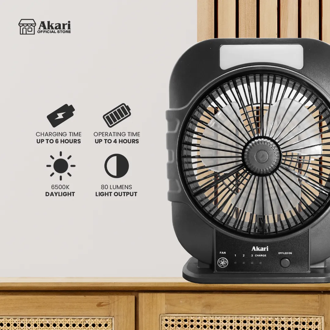 Akari B1G1 : 8 Rechargeable DeskFan (ARF-3509)   Lantern w/ Searchlight (ARL-K9821)