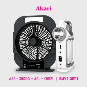 Akari B1G1 : 8 Rechargeable DeskFan (ARF-3509)   Lantern w/ Searchlight (ARL-K9821)