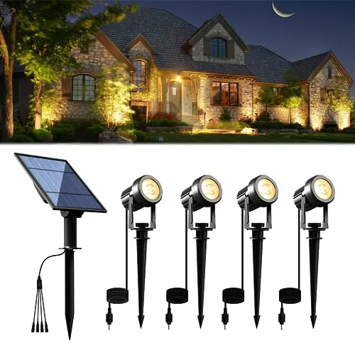 APONUO Solar Spot Lights Outdoor 4-in-1 Solar Landscape Lighting Dusk to Dawn Solar Uplights IP65 Waterproof 9.8ft Cable Outdoor Spot Lights for Yard Pathway Garden Tree Decoration (Warm White)