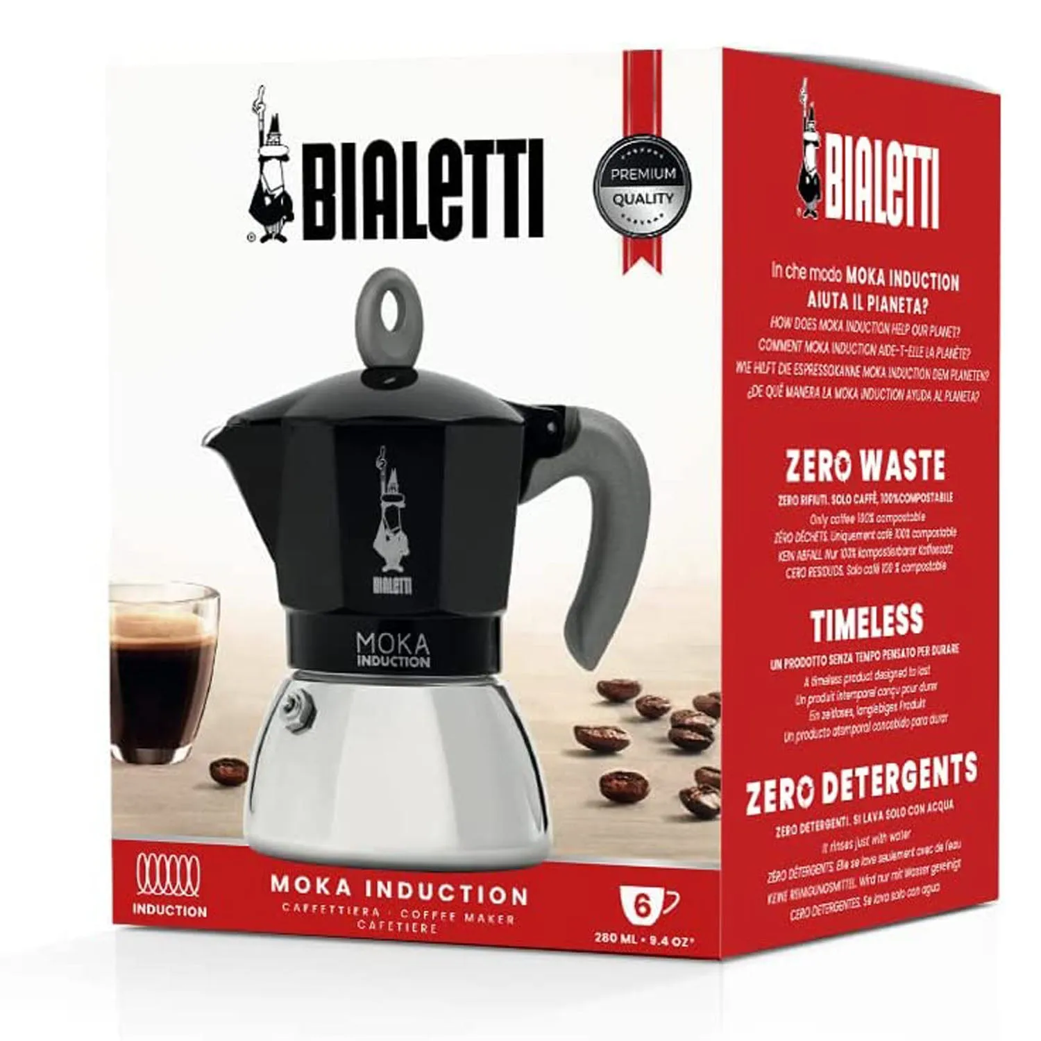 Bialetti - Moka Induction, Moka Pot, Suitable for all Types of Hobs, 6 Cups Espresso (7.9 Oz Espresso), Black