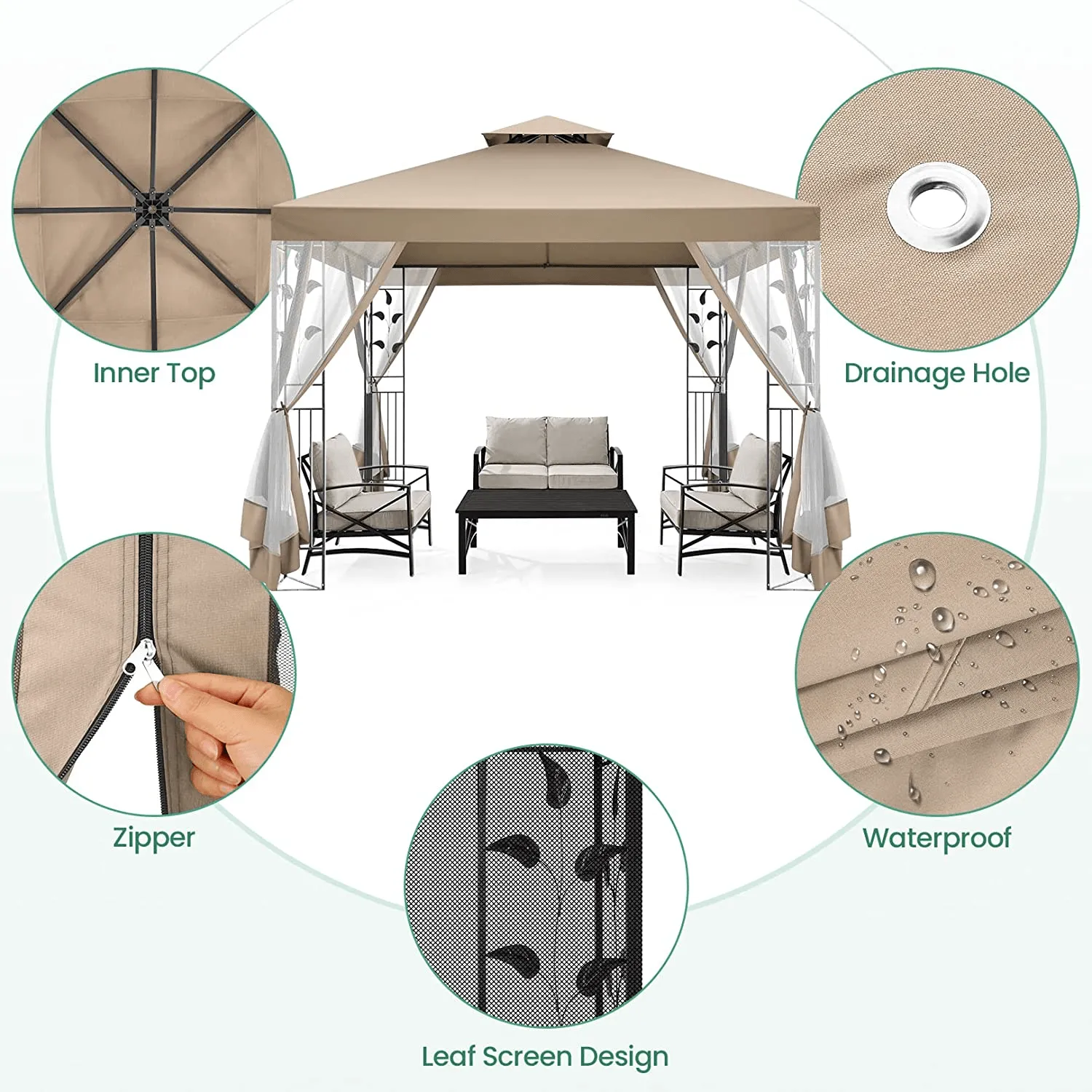 COBIZI 10x10 Outdoor Waterproof Canopy with Mosquito Netting Canopy