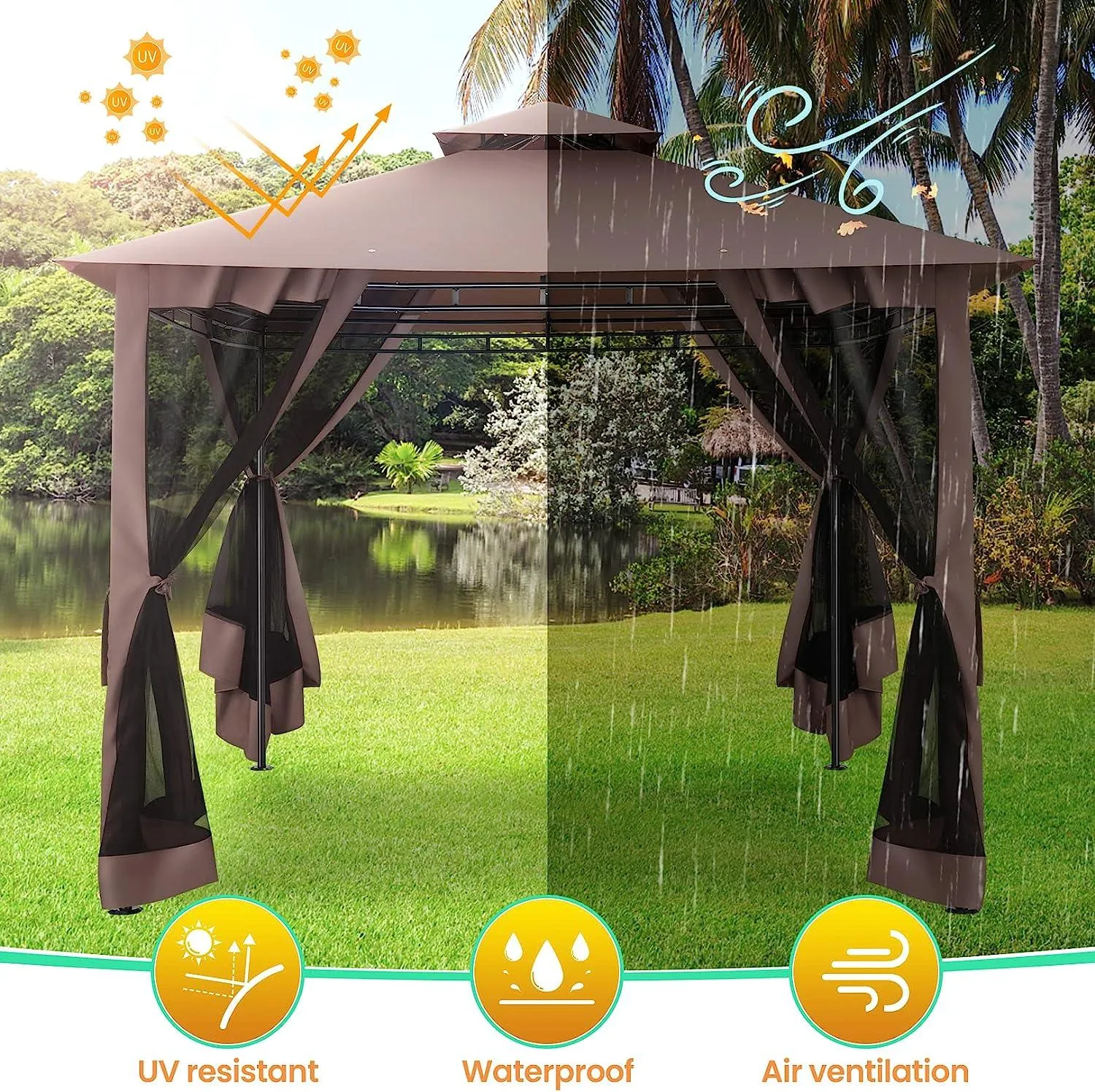 COBIZI Gazebo 10x10 Double Rooftops with Mosquito Netting Waterproof Screened Gazebo