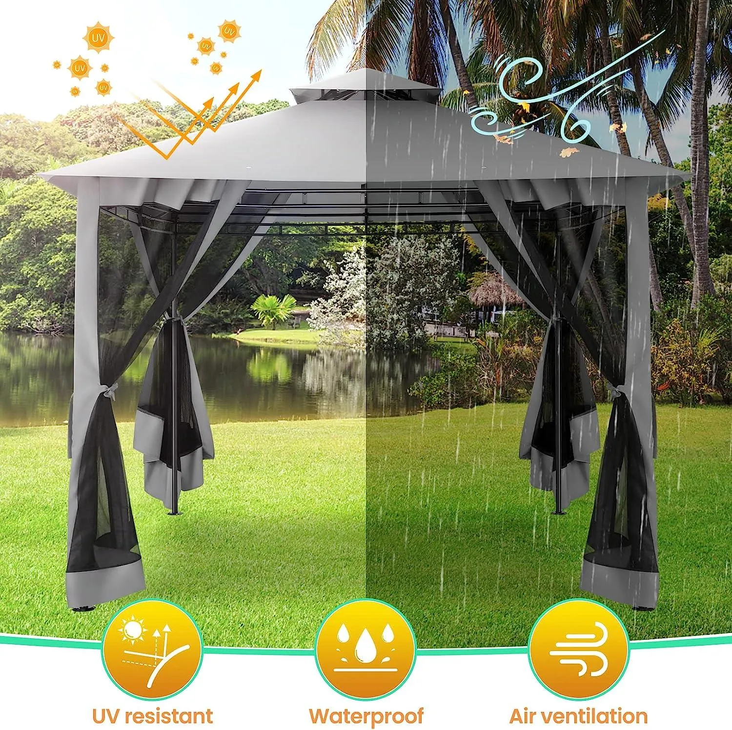 COBIZI Gazebo 10x10 Double Rooftops with Mosquito Netting Waterproof Screened Gazebo