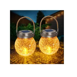 DBF Solar Lantern With Cracked Glass Ball | Amber| Warm| LED| For Outdoors| Waterproof| For Patio Decoration | Solar Garden Lights With 2 Modes| Outdoor Decorative For Patio Tree | 2 Units