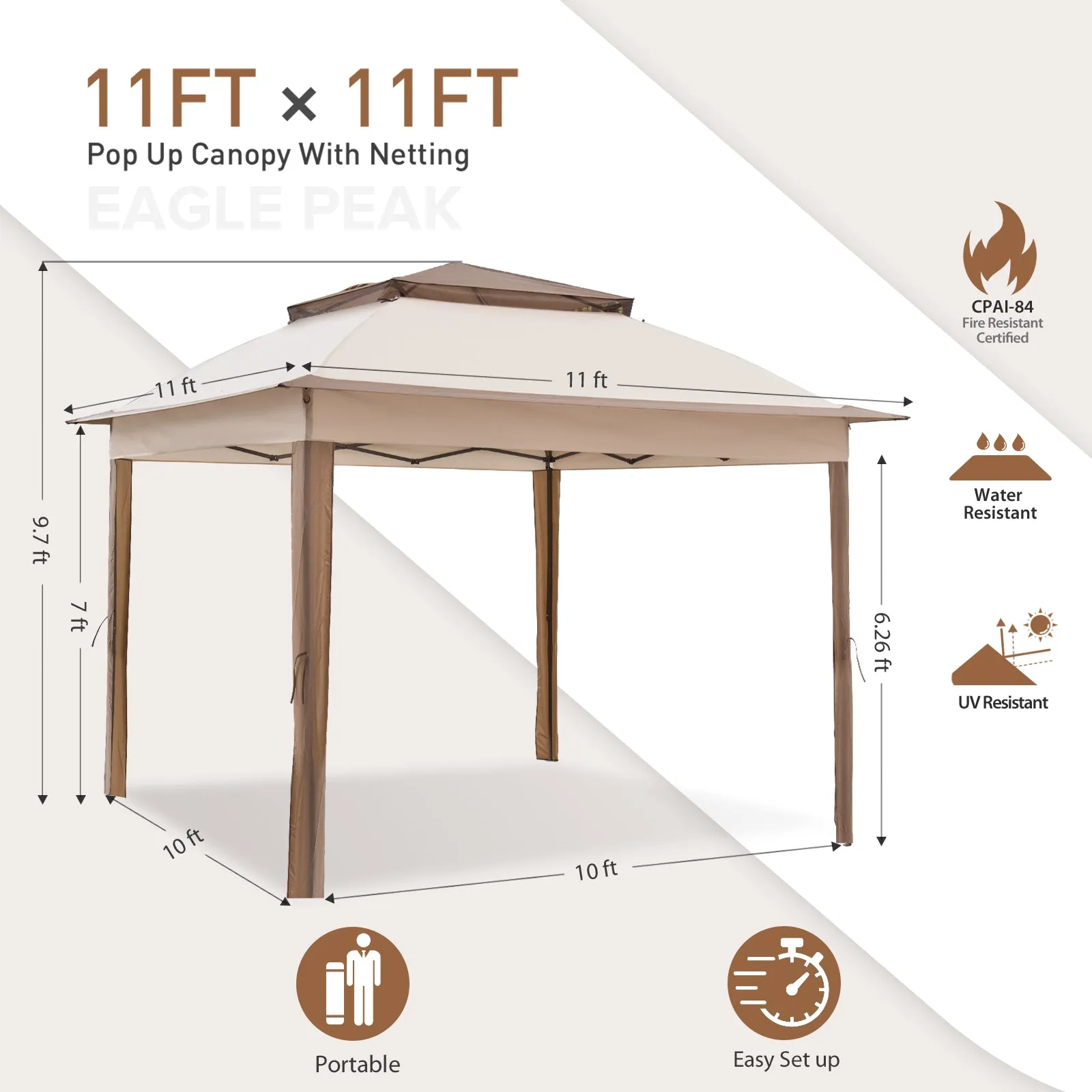 EAGLE PEAK 11x11 Pop-Up Gazebo Tent Instant with Mosquito Netting Outdoor Gazebo Shelter with 121 Square Feet of Shade