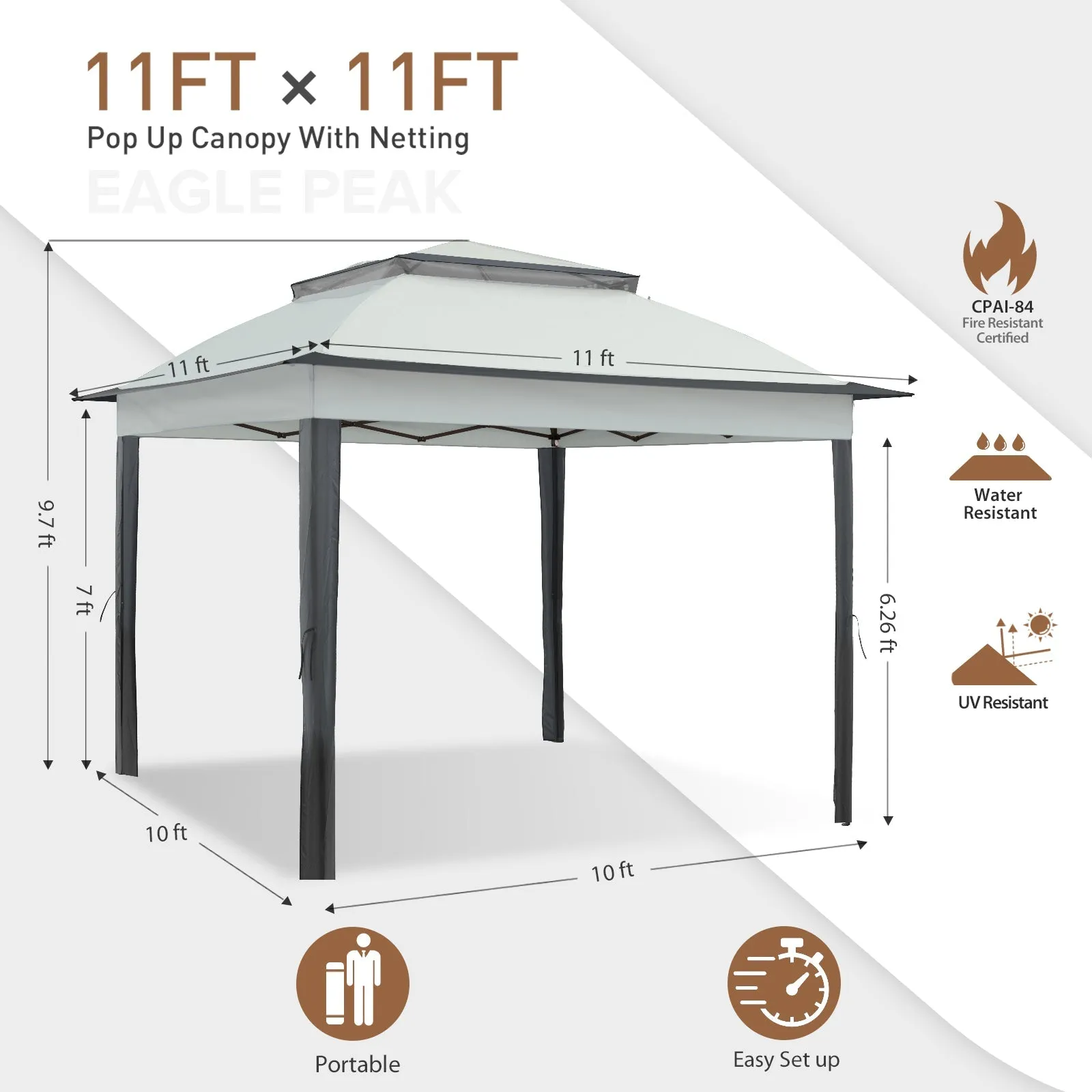 EAGLE PEAK 11x11 Pop-Up Gazebo Tent Instant with Mosquito Netting Outdoor Gazebo Shelter with 121 Square Feet of Shade