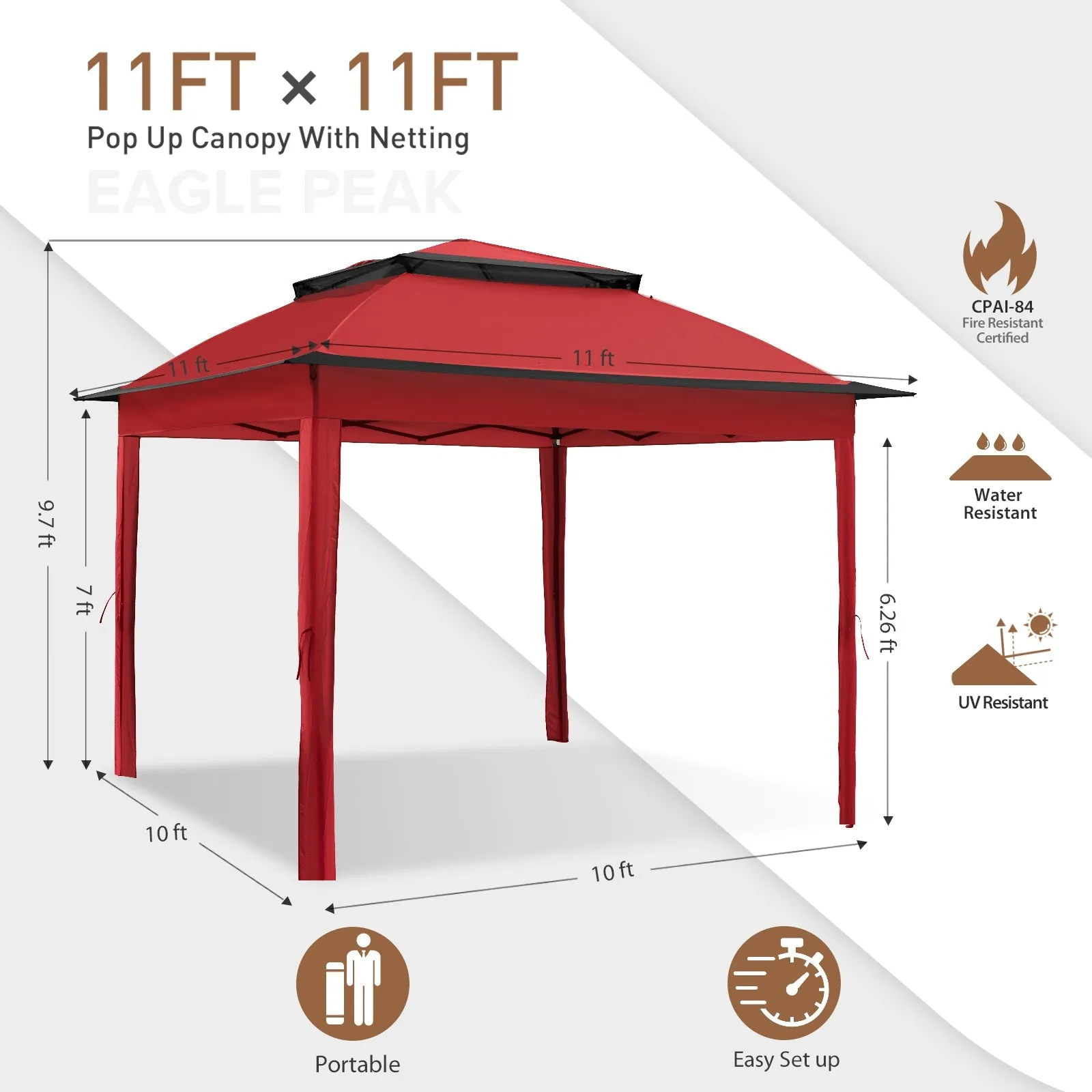 EAGLE PEAK 11x11 Pop-Up Gazebo Tent Instant with Mosquito Netting Outdoor Gazebo Shelter with 121 Square Feet of Shade