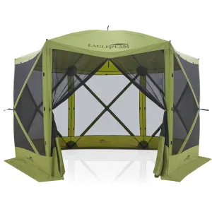 EAGLE PEAK 12 x 12 ft Portable Quick Pop Up 6 Sided Instant Gazebo Canopy, Outdoor Camping Screen Tent with Mesh Netting 8 Person, Green / Beige