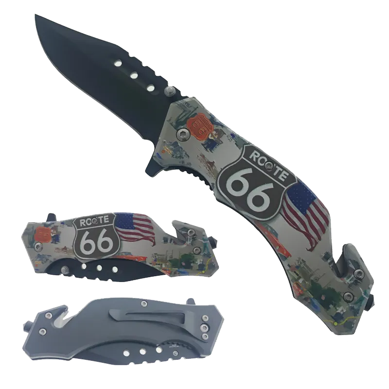 Falcon 7.75" Route 66 Spring Assisted Pocket Knife w/Seatbelt cutter and Glass Breaker