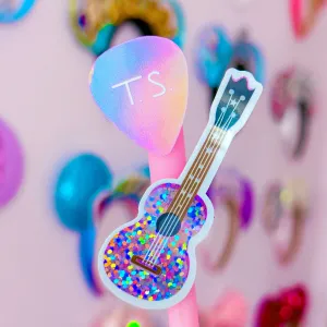 Glitter Waterproof Sticker - Pink Guitar   Pick DUO