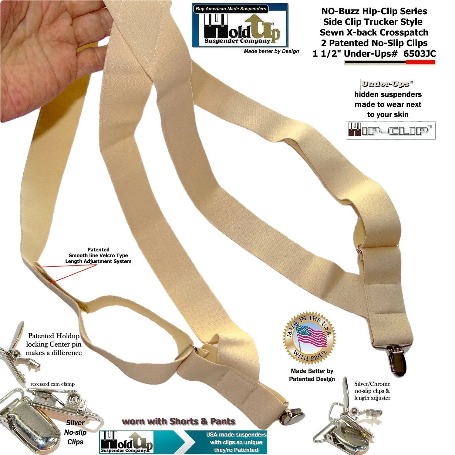 HoldUps Brands 1 1/2" Wide Under-Up Series Light Beige Suspender Hip Clip Style With Patented No-slip Clips