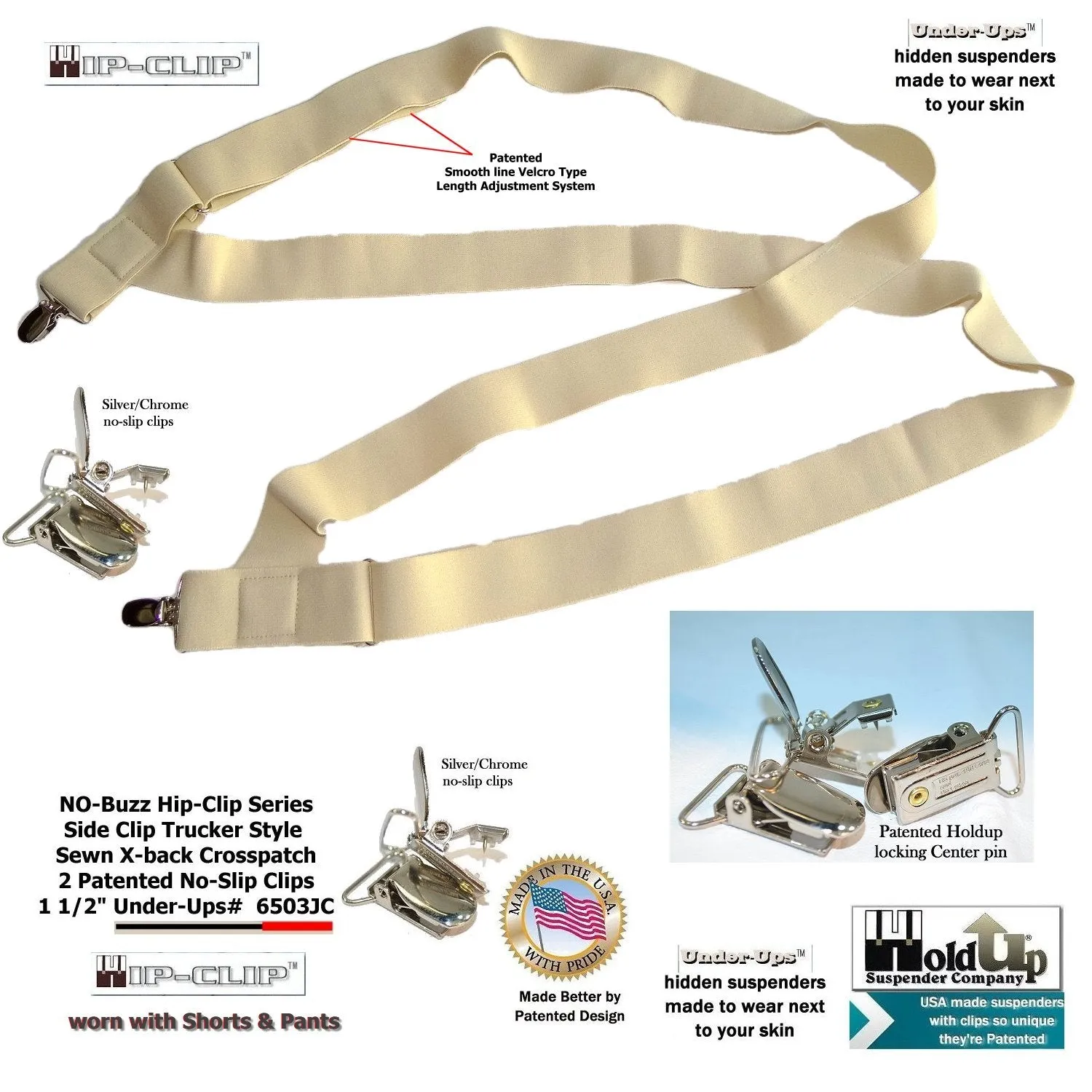 HoldUps Brands 1 1/2" Wide Under-Up Series Light Beige Suspender Hip Clip Style With Patented No-slip Clips