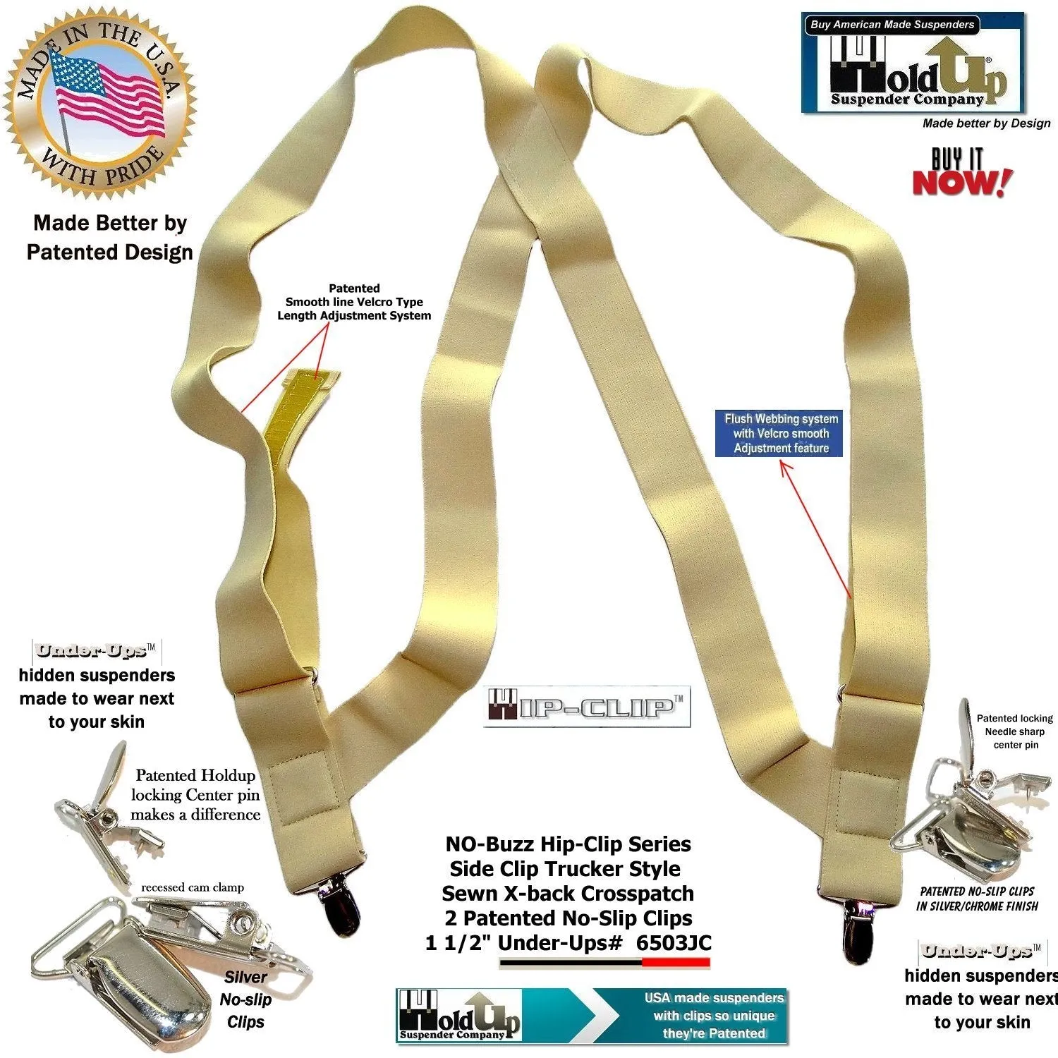 HoldUps Brands 1 1/2" Wide Under-Up Series Light Beige Suspender Hip Clip Style With Patented No-slip Clips