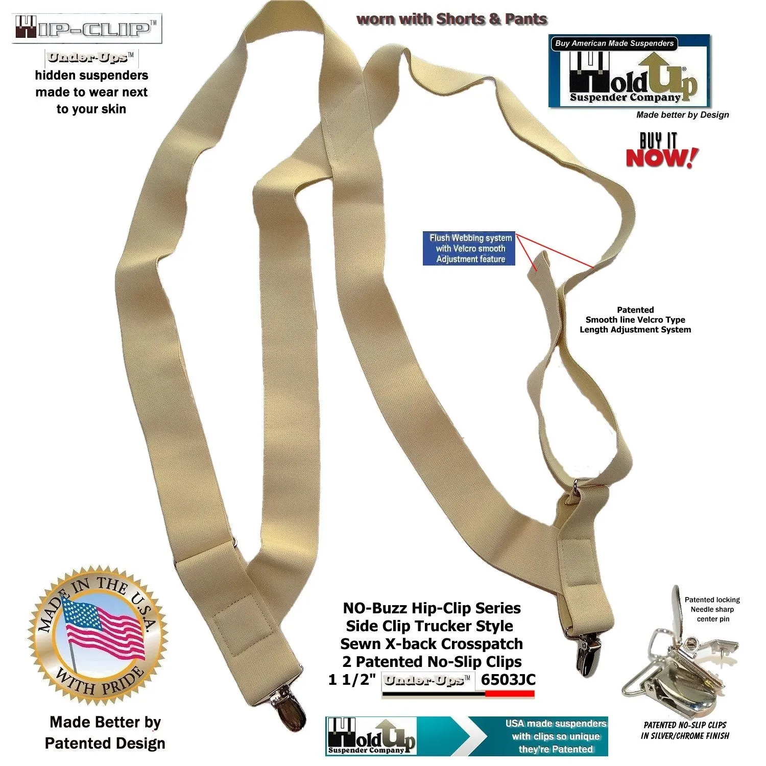 HoldUps Brands 1 1/2" Wide Under-Up Series Light Beige Suspender Hip Clip Style With Patented No-slip Clips