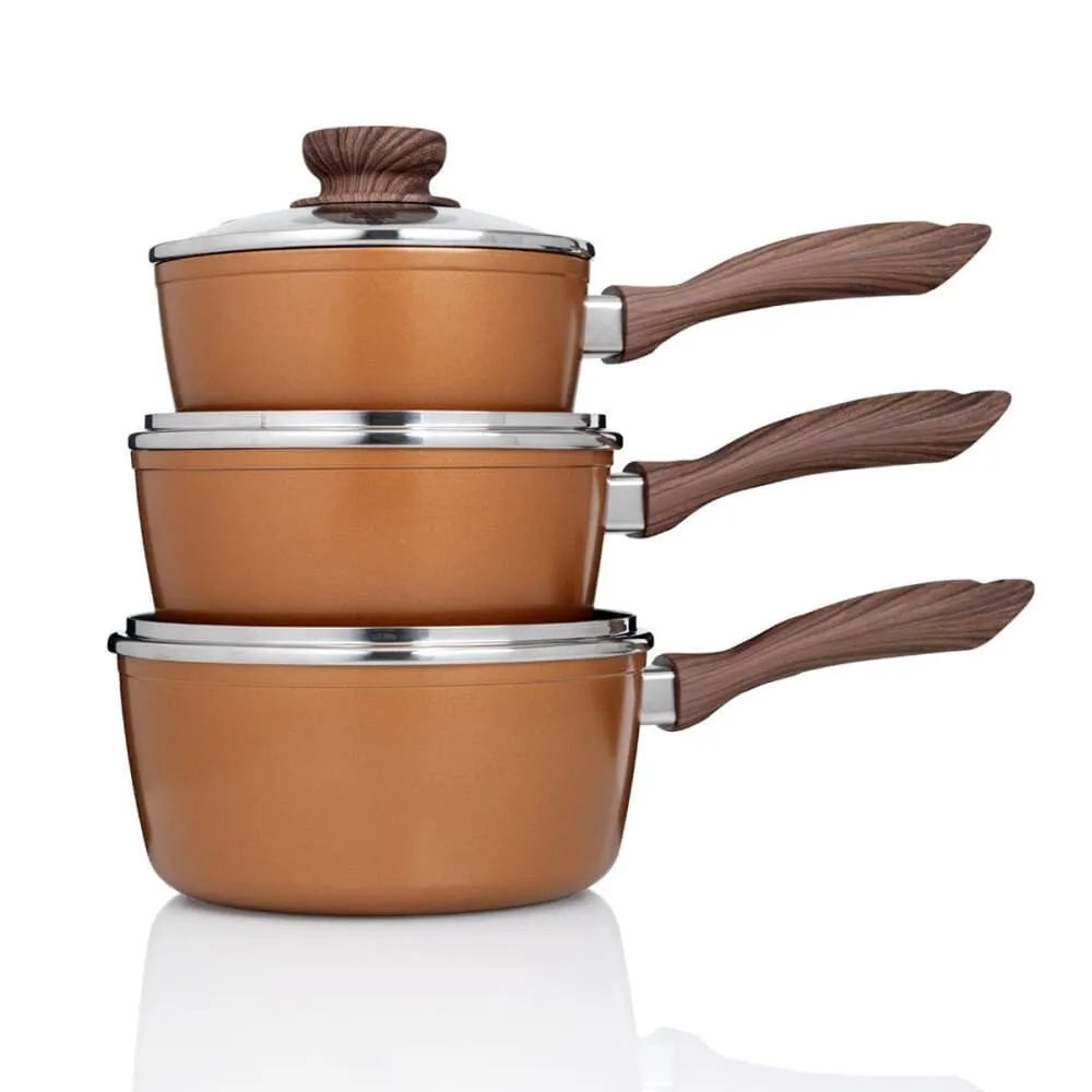 JML Copper Stone Pans - 3 non-stick durable sauce pans with matching lids