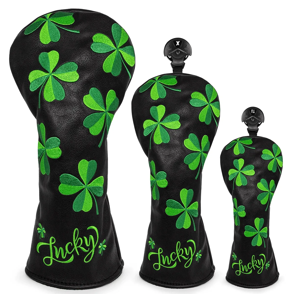 Lucky Clover Embroidery Golf Club Head Cover PU Leather Waterproof