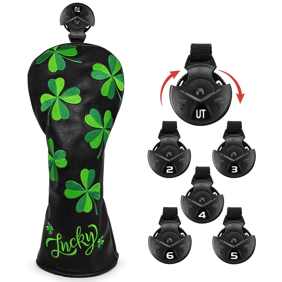 Lucky Clover Embroidery Golf Club Head Cover PU Leather Waterproof