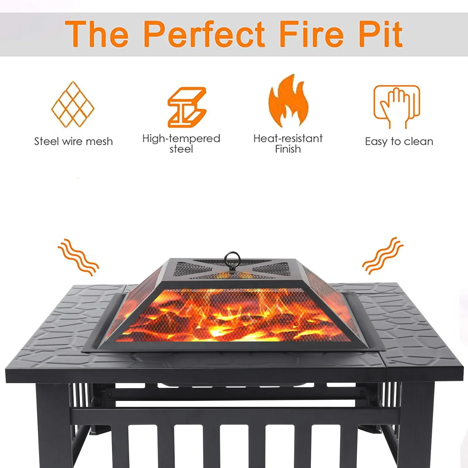 Outdoor Metal Fire Pit for Outside, Hex-Shaped Steel Fire Pit w/ Flame-Retardant Lid with Poker