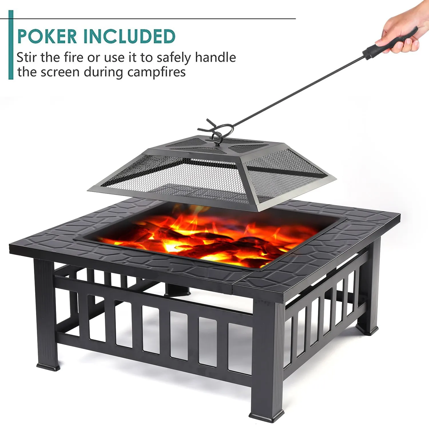 Outdoor Metal Fire Pit for Outside, Hex-Shaped Steel Fire Pit w/ Flame-Retardant Lid with Poker