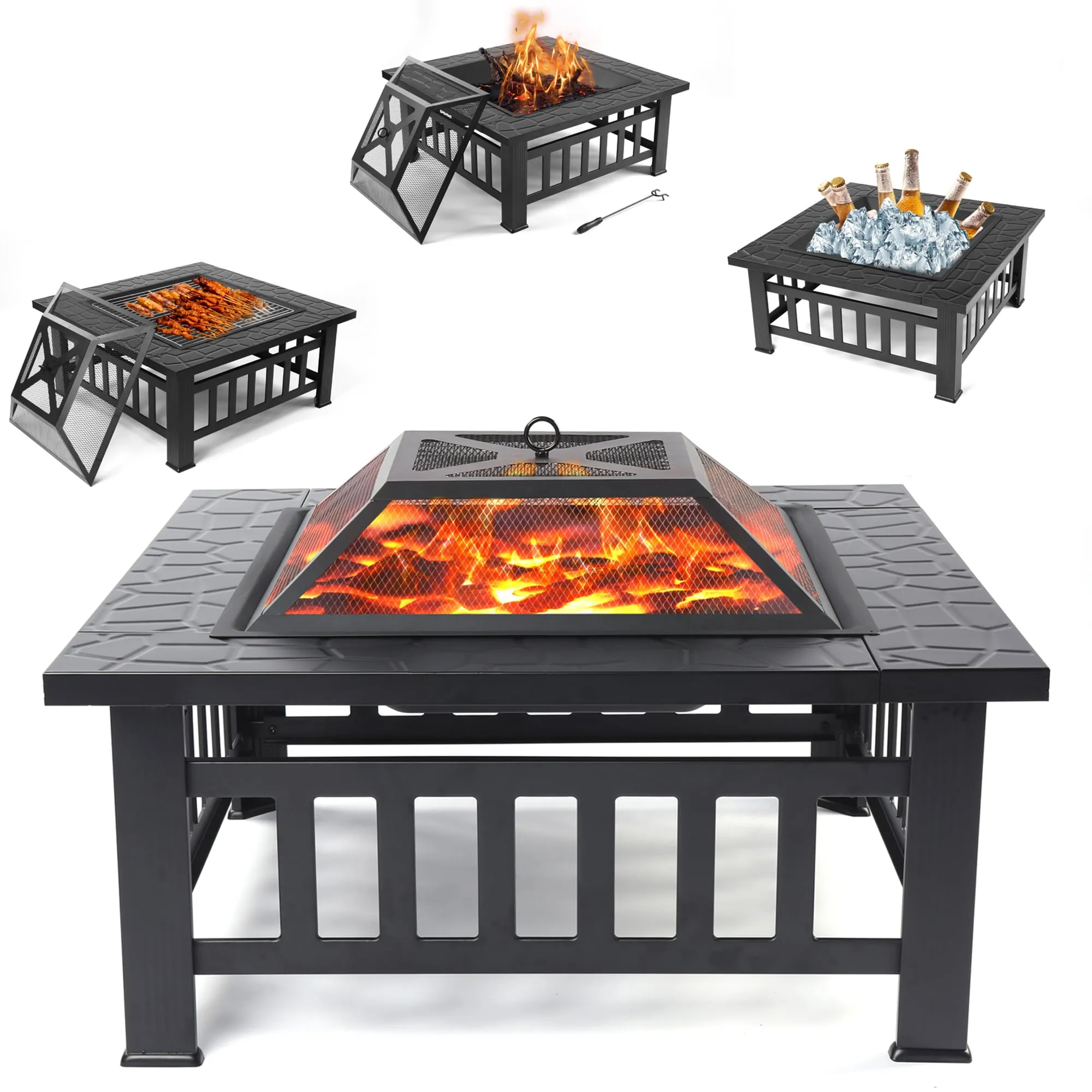 Outdoor Metal Fire Pit for Outside, Hex-Shaped Steel Fire Pit w/ Flame-Retardant Lid with Poker