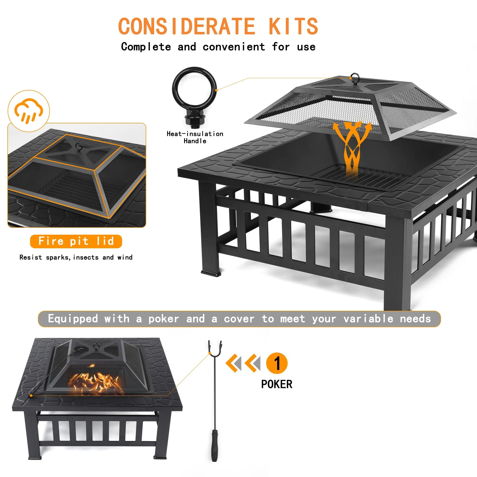 Outdoor Metal Fire Pit for Outside, Hex-Shaped Steel Fire Pit w/ Flame-Retardant Lid with Poker