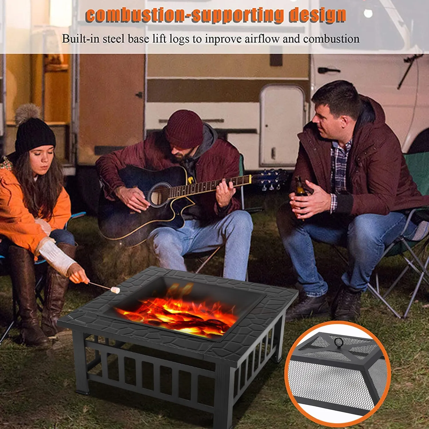 Outdoor Metal Fire Pit for Outside, Hex-Shaped Steel Fire Pit w/ Flame-Retardant Lid with Poker