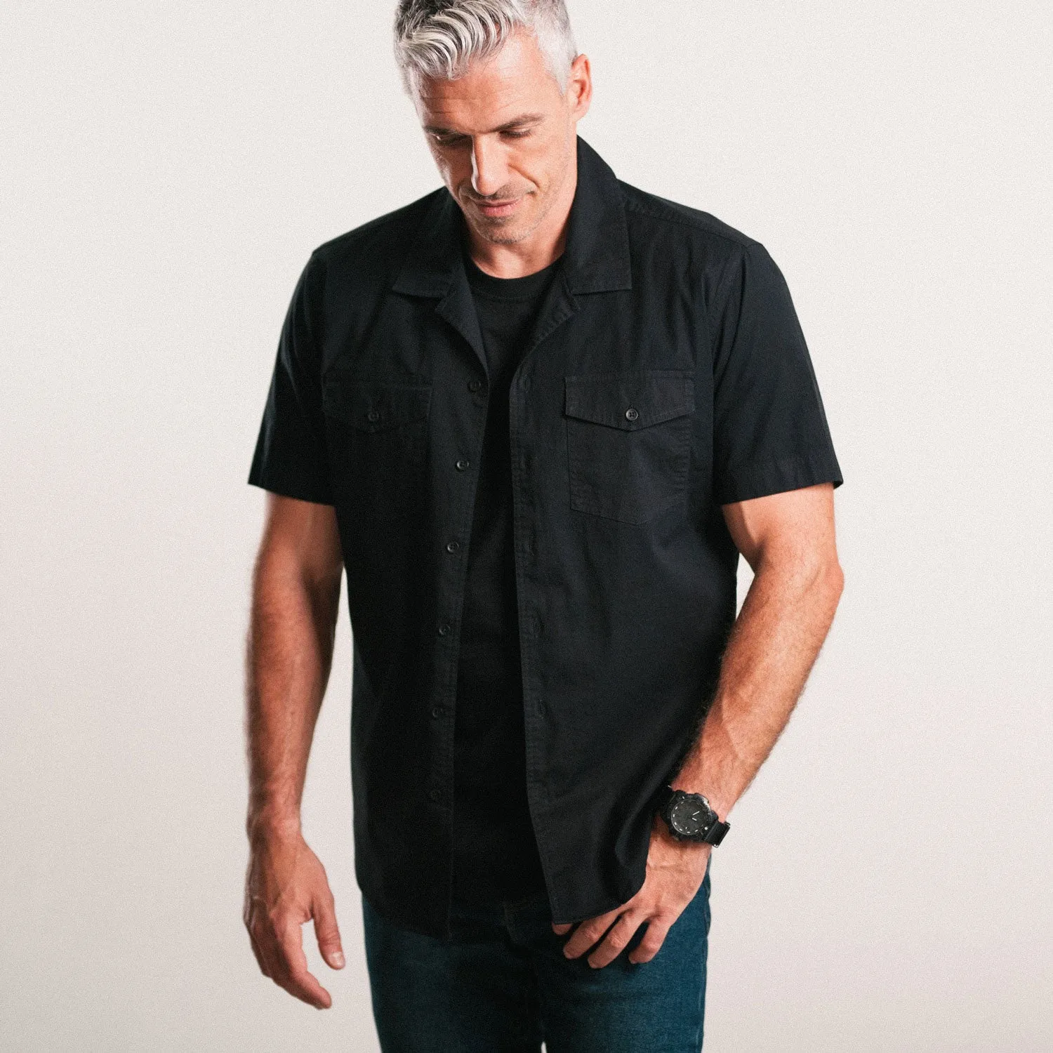 Pioneer Short Sleeve Camp Collar Shirt – Black Stretch Poplin