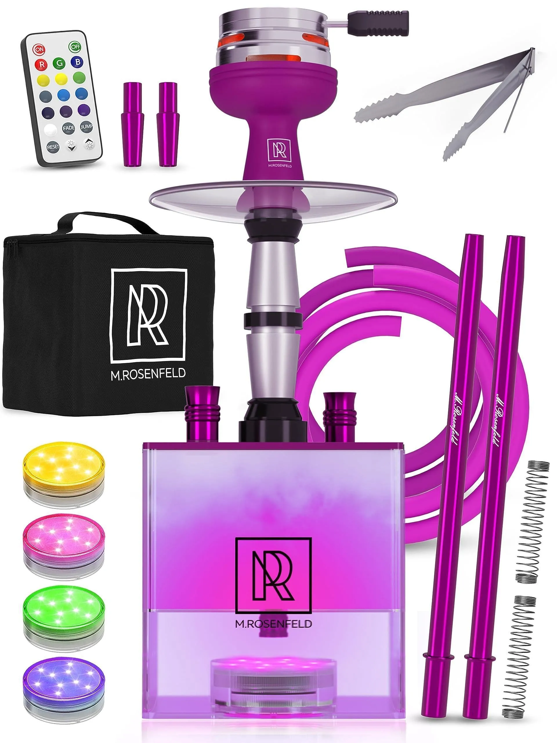 Purple Hookah 2 Hose Hookah Set YADO Square Hookah To Go with Charcoal Holder