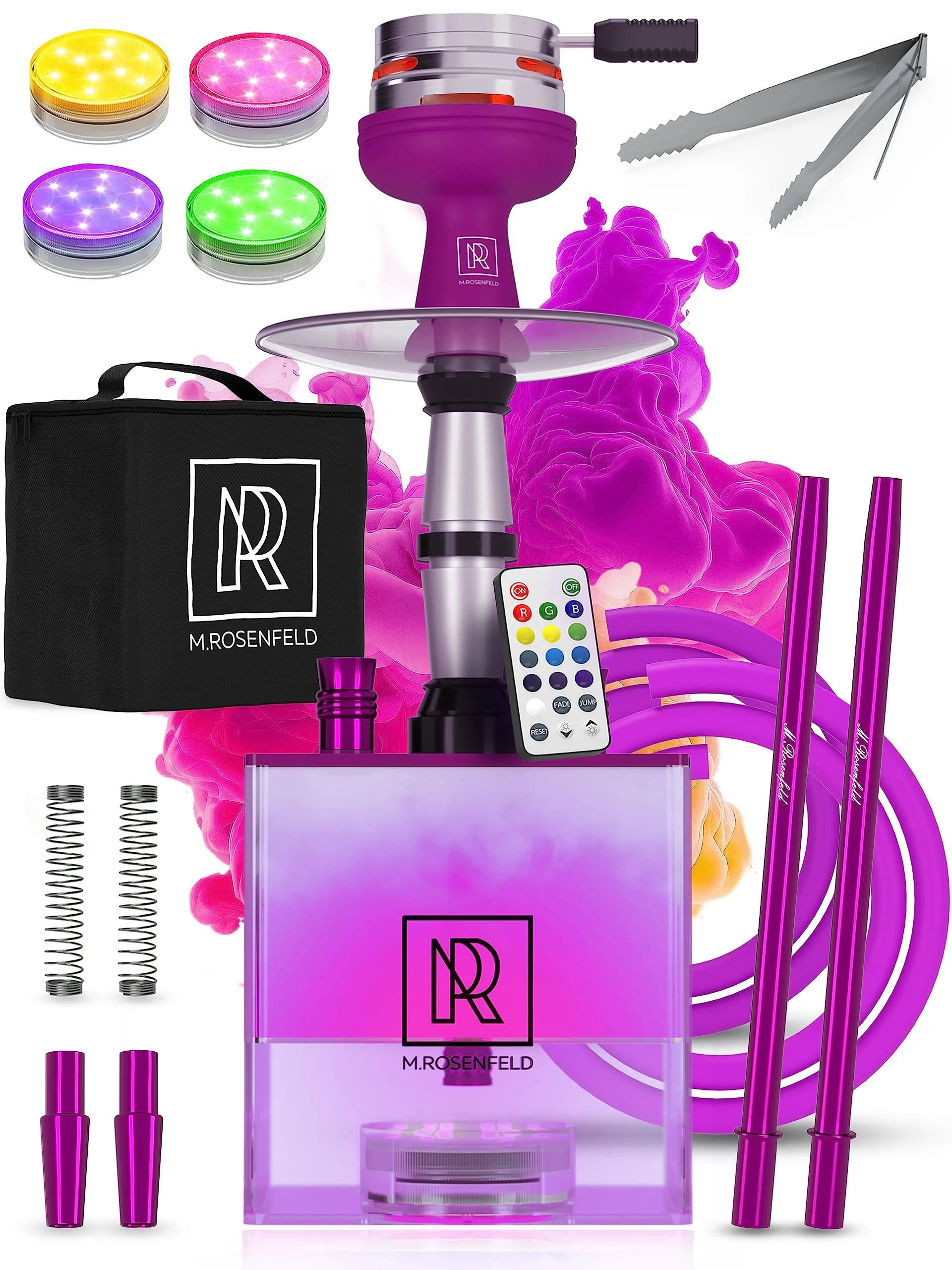 Purple Hookah 2 Hose Hookah Set YADO Square Hookah To Go with Charcoal Holder