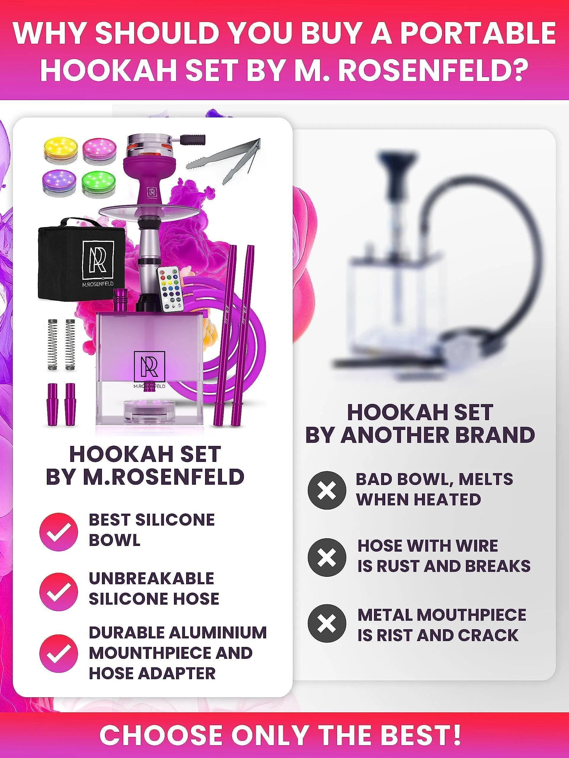 Purple Hookah 2 Hose Hookah Set YADO Square Hookah To Go with Charcoal Holder