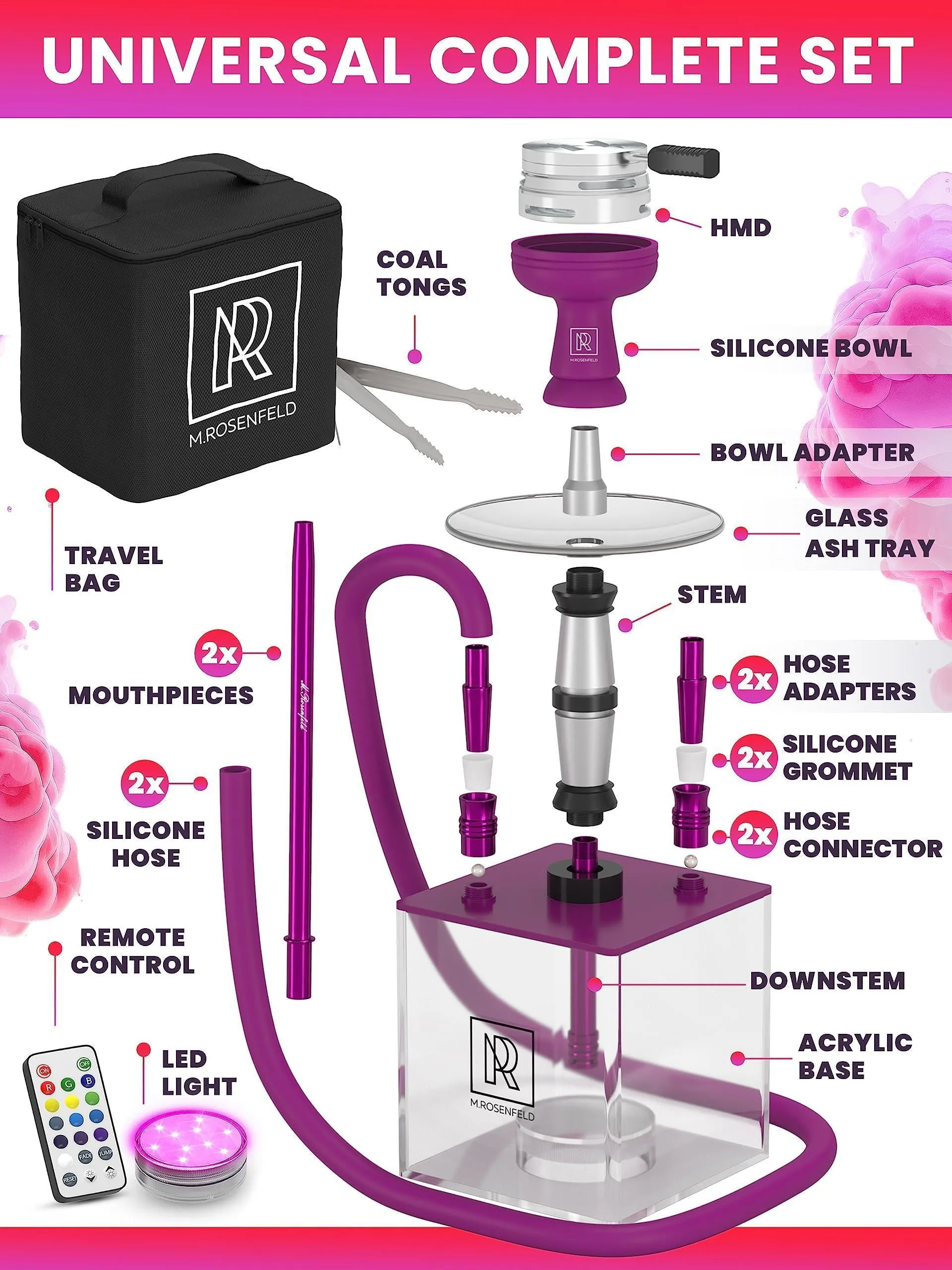 Purple Hookah 2 Hose Hookah Set YADO Square Hookah To Go with Charcoal Holder