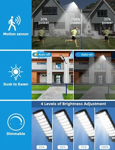 Solar Street Light 1000W - 6500K LED Solar Power Street Lights with Panel 99000LM Dusk to Dawn Outdoor Flood Lighting Waterproof IP65 Exterior Motion Sensor Security Pole Lamp for Yard Garden-6Pack