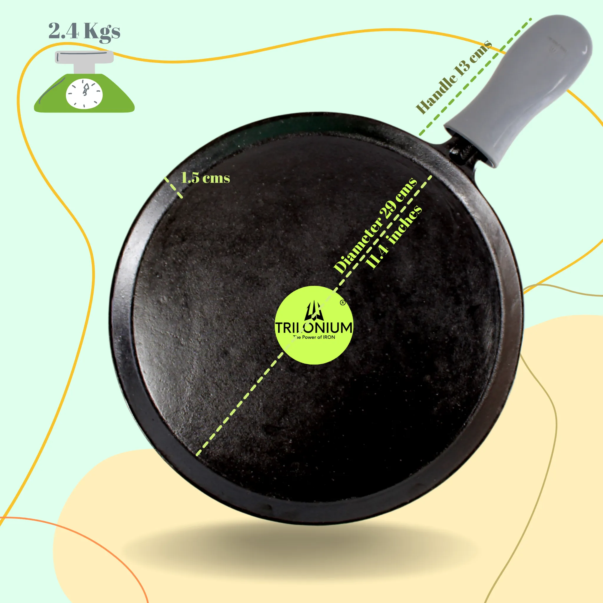 Trilonium Unicorn Triple seasoned Cast Iron Dosa Tawa 29 cms, weighs 2.49 Kgs | Induction Compatible | Free Silicone Sleeve Grip for hot handles and Free Dosa Spatula