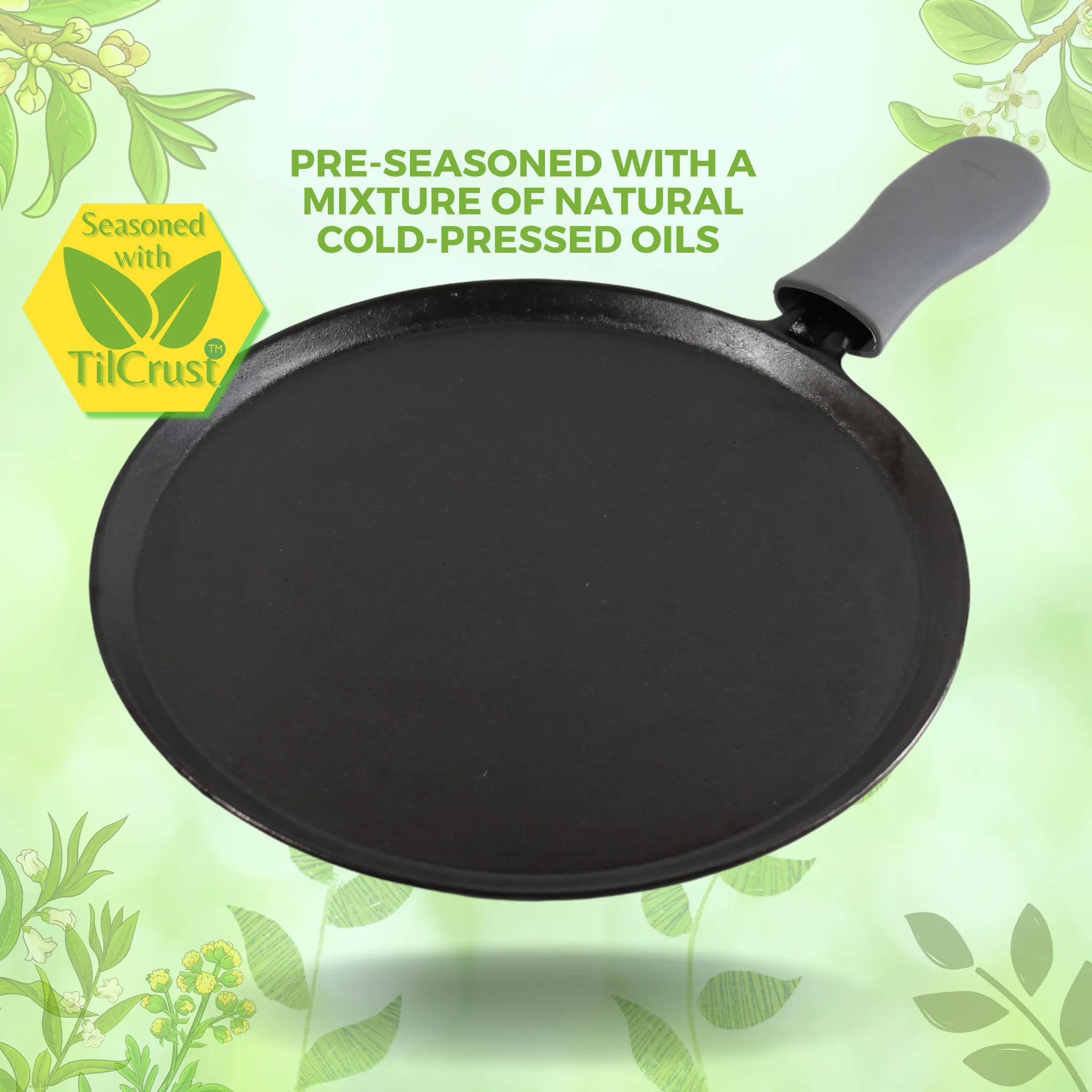 Trilonium Unicorn Triple seasoned Cast Iron Dosa Tawa 29 cms, weighs 2.49 Kgs | Induction Compatible | Free Silicone Sleeve Grip for hot handles and Free Dosa Spatula